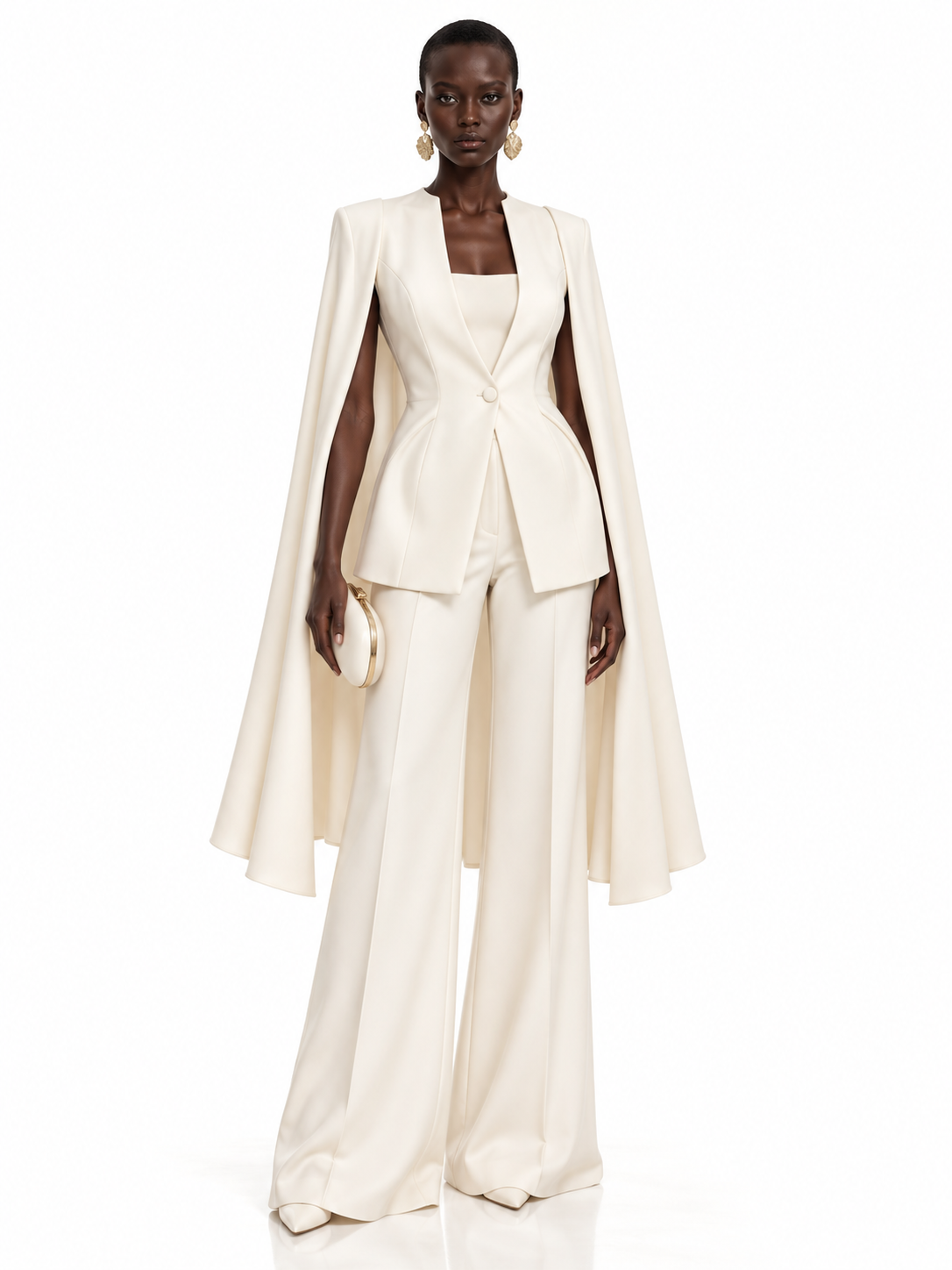 Cream Cape Blazer and Wide Leg Pants Set
