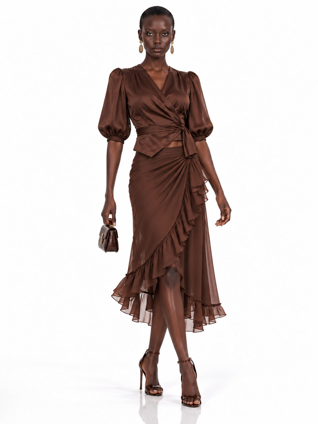 Brown Satin Wrap Ruffle High Low Midi Dress