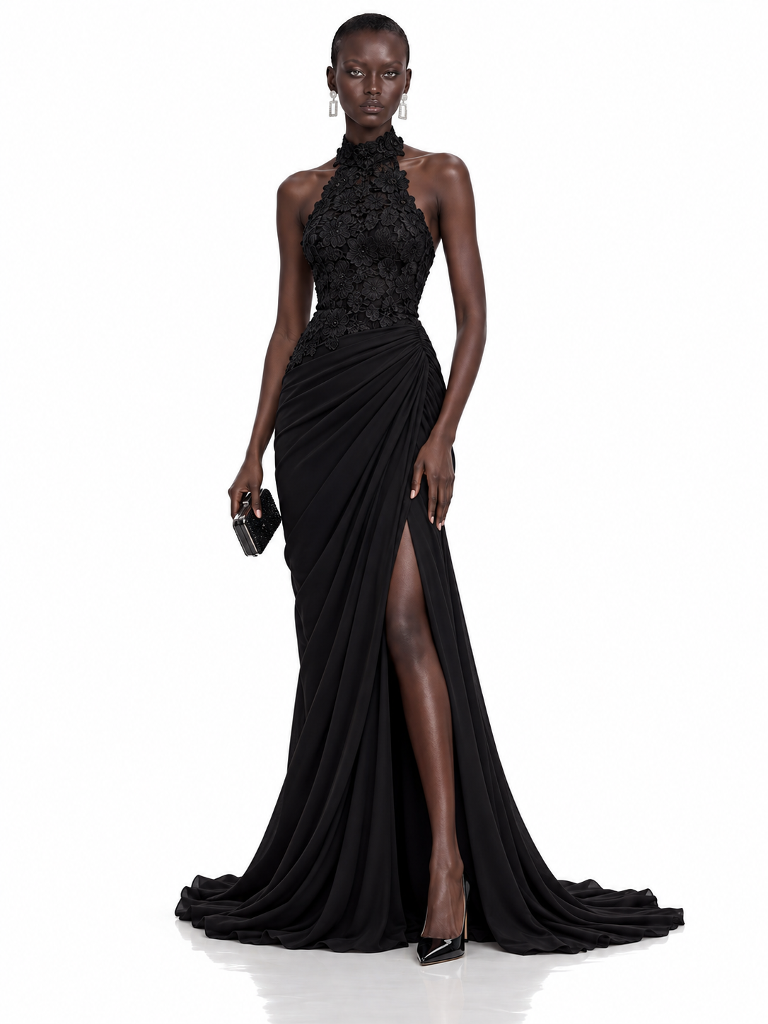 Black Lace Halter High Slit Maxi Dress