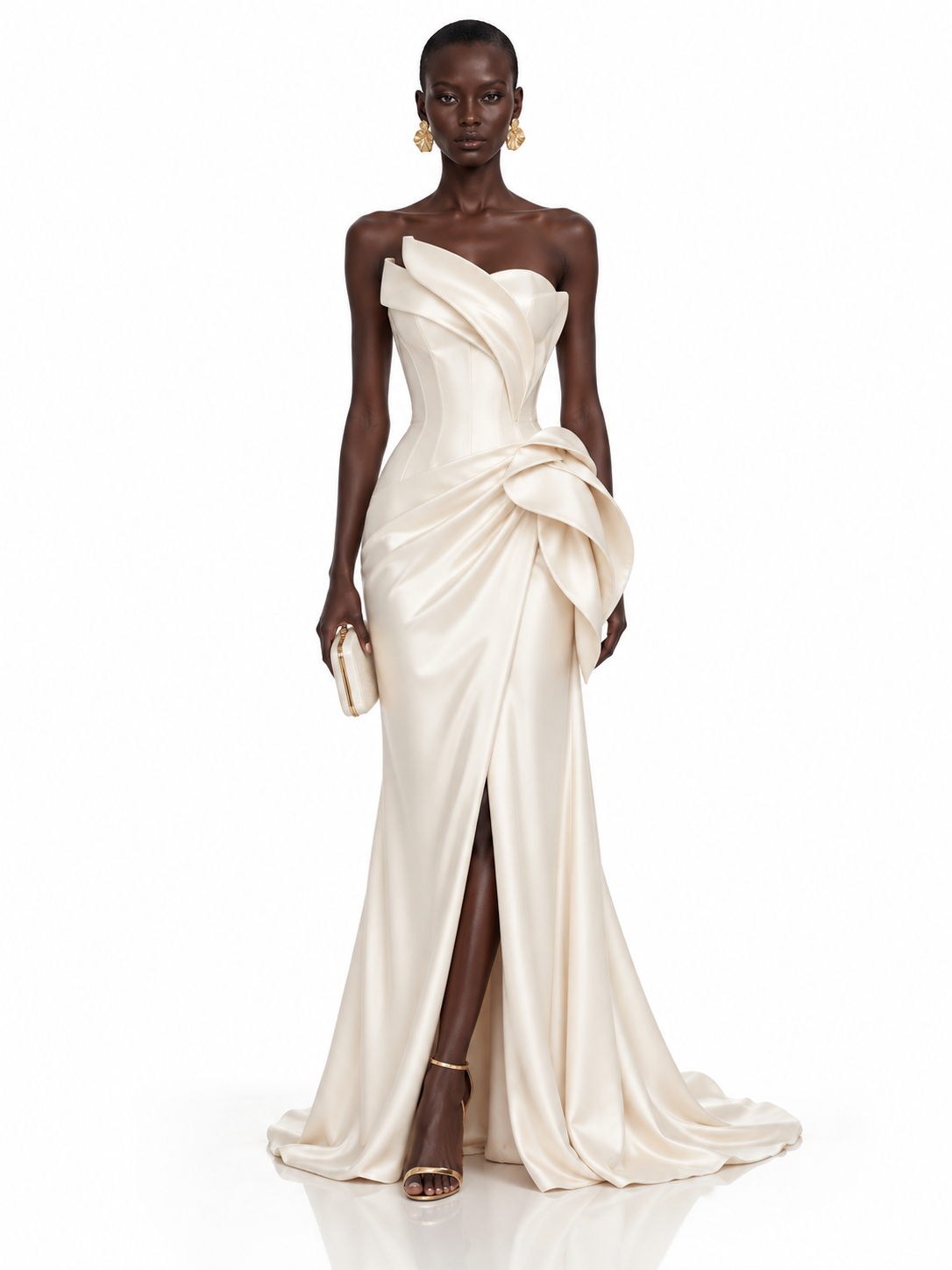 Cream Satin Strapless Draped Mermaid Maxi Dress