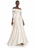 Cream Off Shoulder Lace Sleeve Satin Maxi Dress