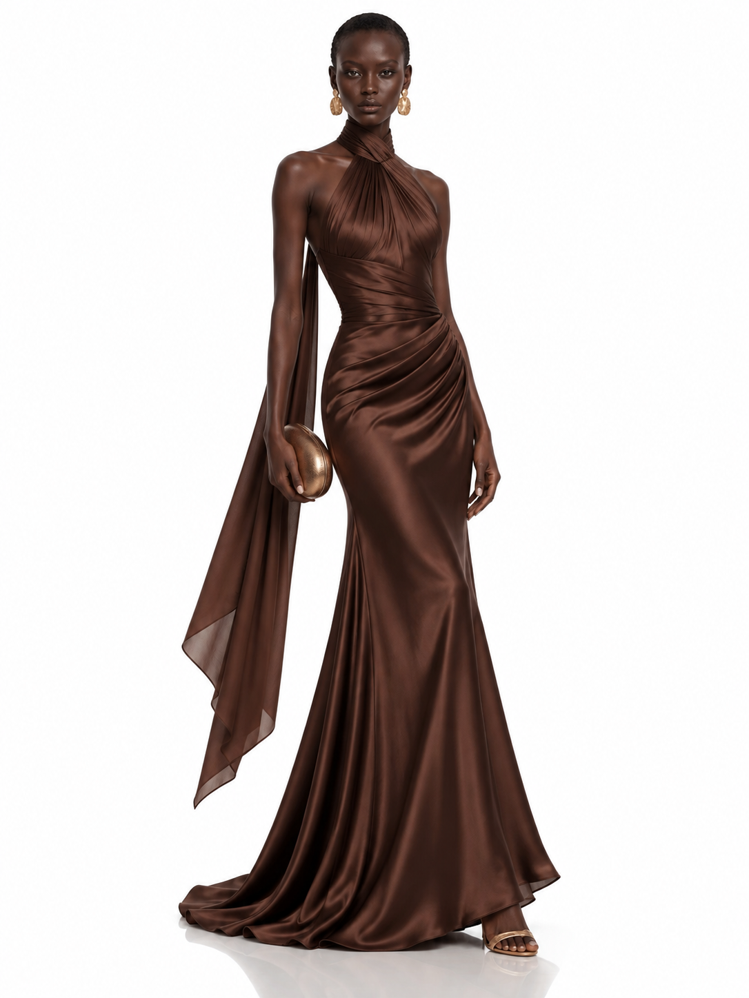 Brown Satin Halter Draped Maxi Dress