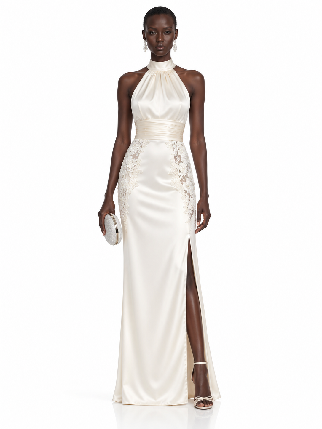 Cream Satin Halter Lace Trim Maxi Dress