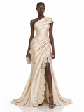 Champagne Satin One Shoulder Lace Trim Maxi Dress