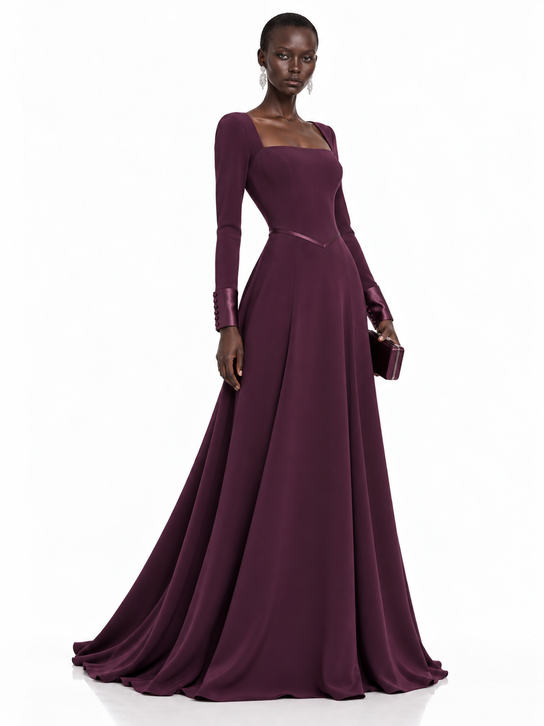 Burgundy Square Neck Long Sleeve Maxi Dress