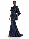 Navy Satin Cape Sleeve Mermaid Maxi Dress