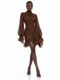 Brown Chiffon Ruffle High Neck Mini Dress