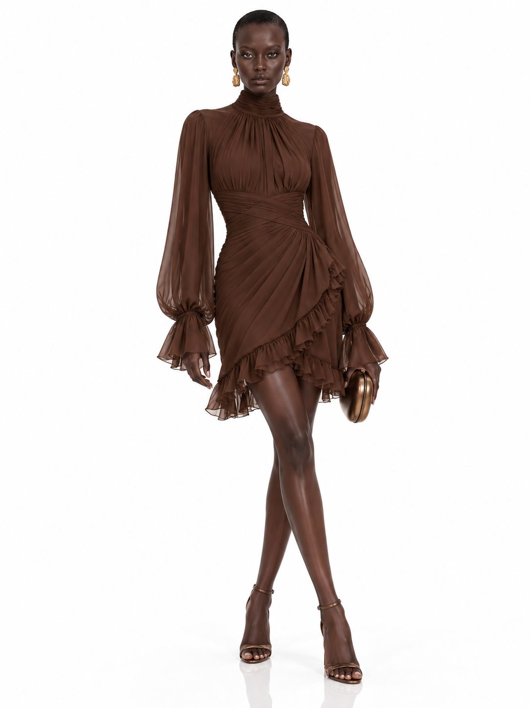 Brown Chiffon Ruffle High Neck Mini Dress