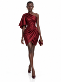 Burgundy Satin One Shoulder Draped Mini Dress