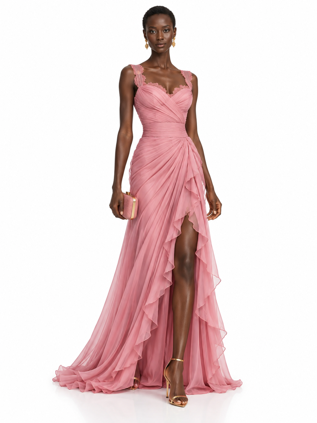 Pink Ruched High Slit Maxi Dress