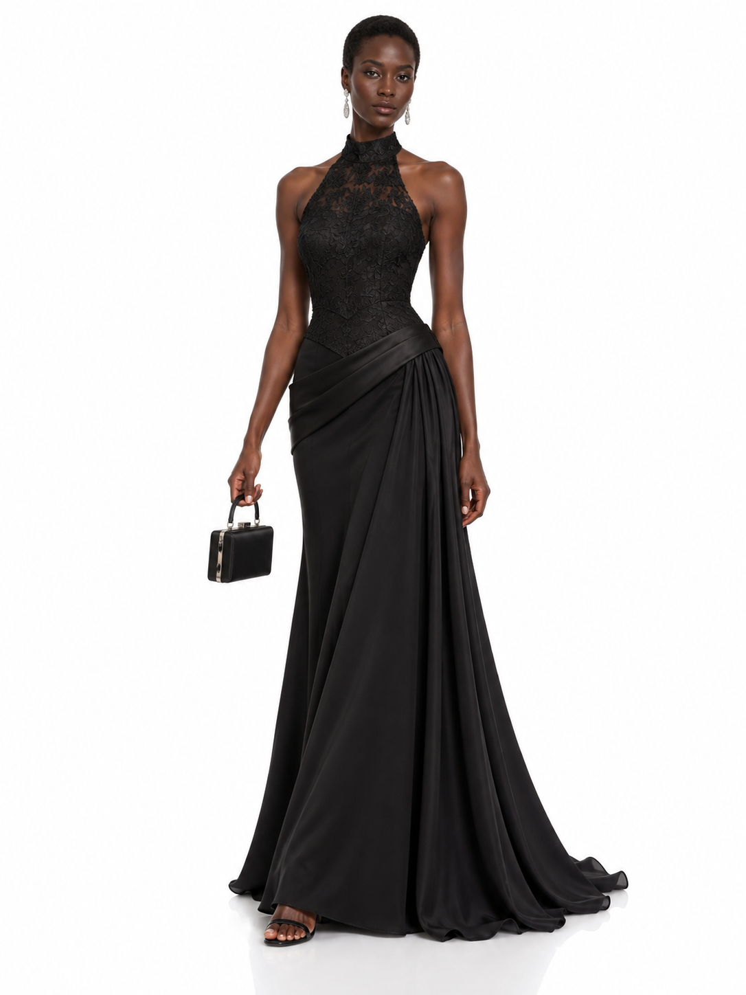 Black Lace Halter Draped Maxi Dress