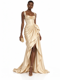 Champagne Satin One Shoulder High Slit Maxi Dress