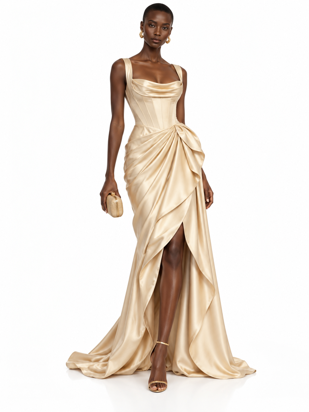 Champagne Satin One Shoulder High Slit Maxi Dress