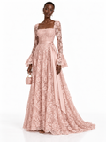 Pink Lace Bell Sleeve A-Line Maxi Dress