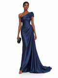 Navy Satin One Shoulder Draped Maxi Dress