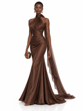 Brown Satin Halter Draped Maxi Dress
