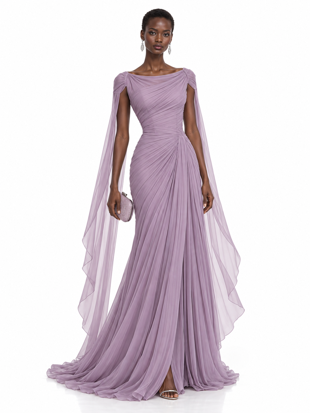 Lavender Sheer Cape Sleeve Mermaid Maxi Dress