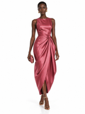Coral Satin One Shoulder Draped High Slit Maxi Dress