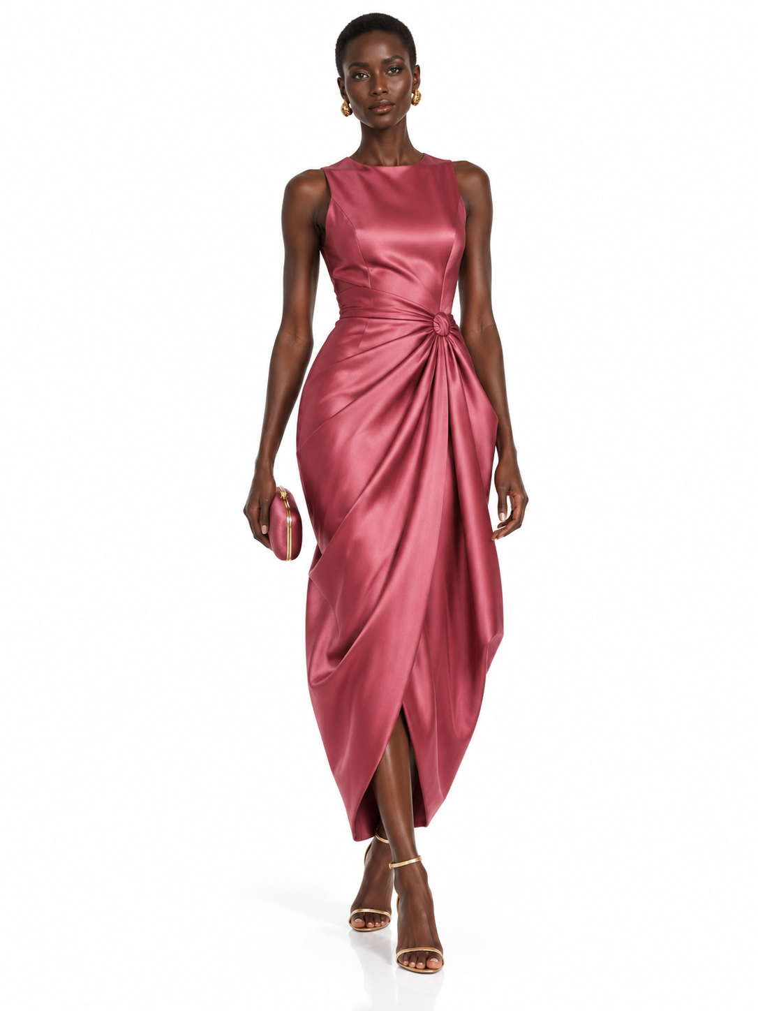 Coral Satin One Shoulder Draped High Slit Maxi Dress