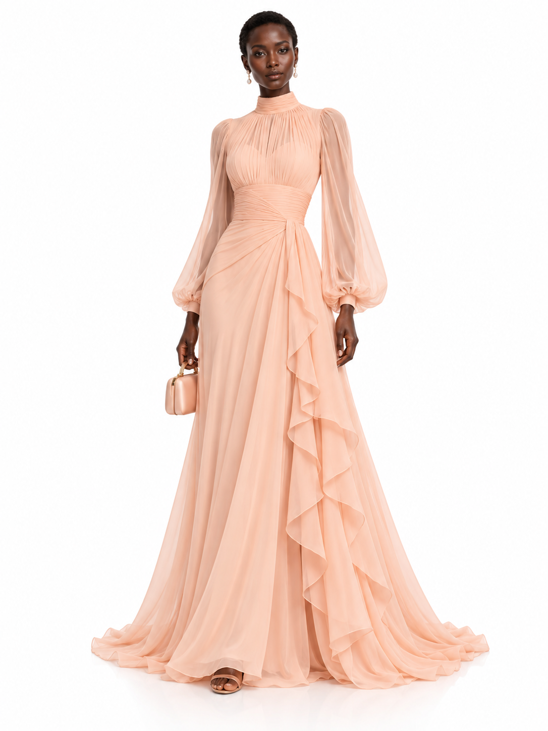Peach High Neck Ruffle Sheer Maxi Dress