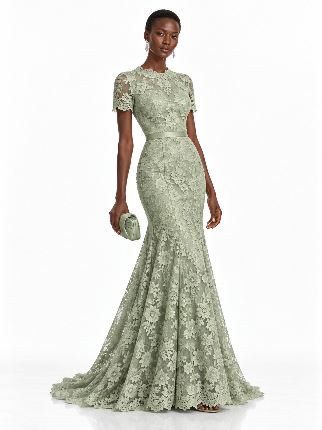 Sage Green Lace Short Sleeve Mermaid Maxi Dress