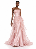 Pink Tulle Strapless Ruffle Maxi Dress