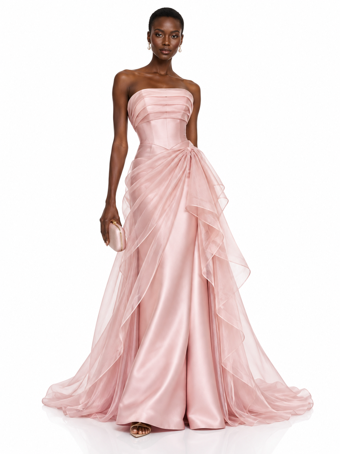 Pink Tulle Strapless Ruffle Maxi Dress