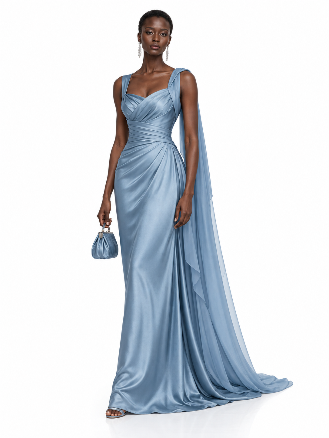 LightBlue Satin Draped One Shoulder Maxi Dress