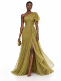 Olive Sheer Ruffle High Slit Maxi Dress