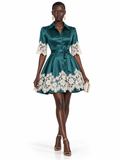 Teal Satin Lace Trim Button Front Mini Dress