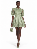SageGreen Satin Lace Trim Puff Sleeve Mini Dress