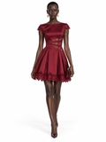 Burgundy Satin Lace Trim Cap Sleeve Mini Dress