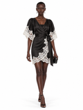 Black Satin Lace Trim Wrap Mini Dress