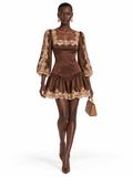 DarkBrown Satin Lace Trim Long Sleeve Drop Waist Mini Dress