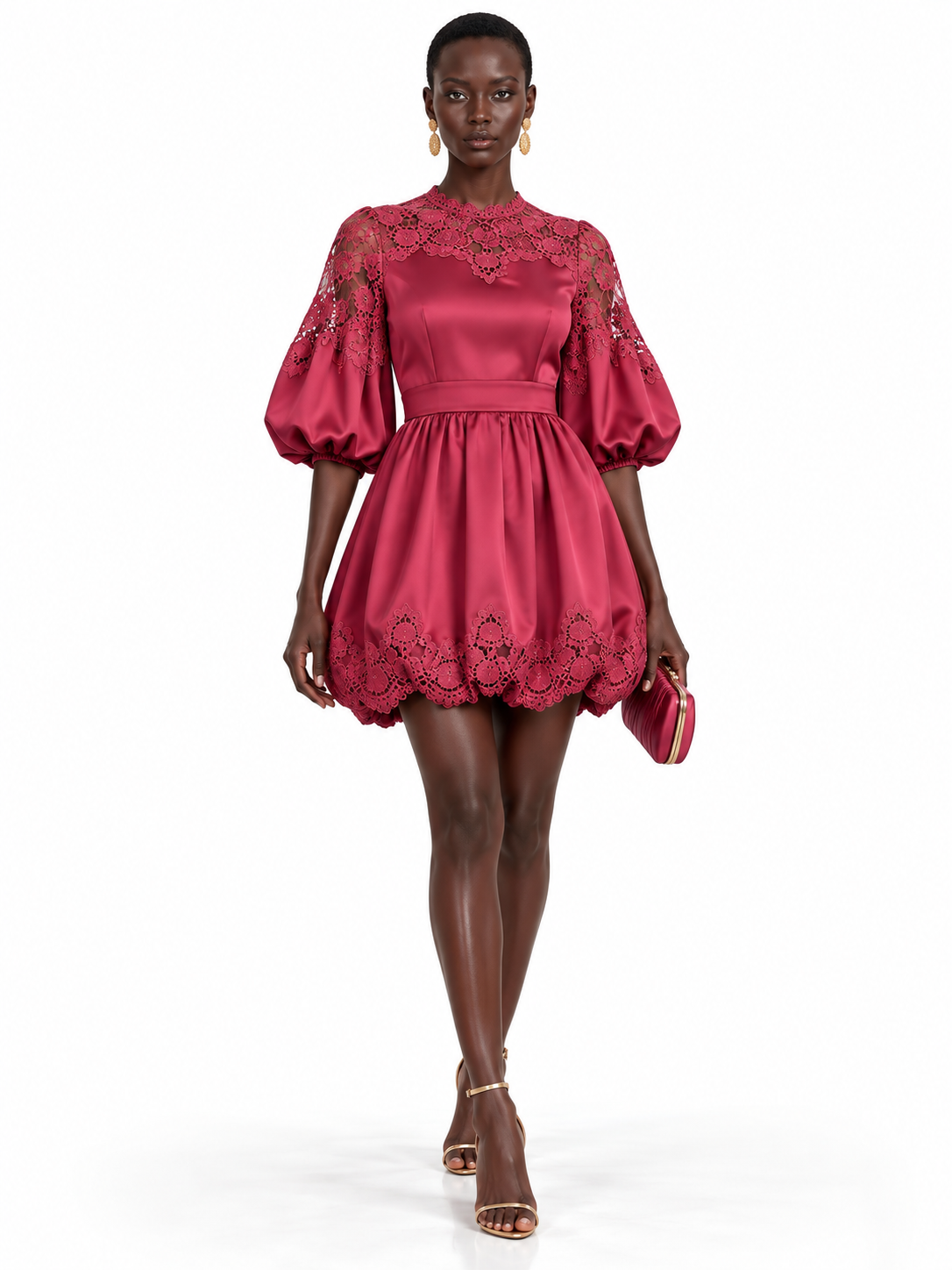 RoseRed Satin Lace Trim Puff Sleeve Mini Dress