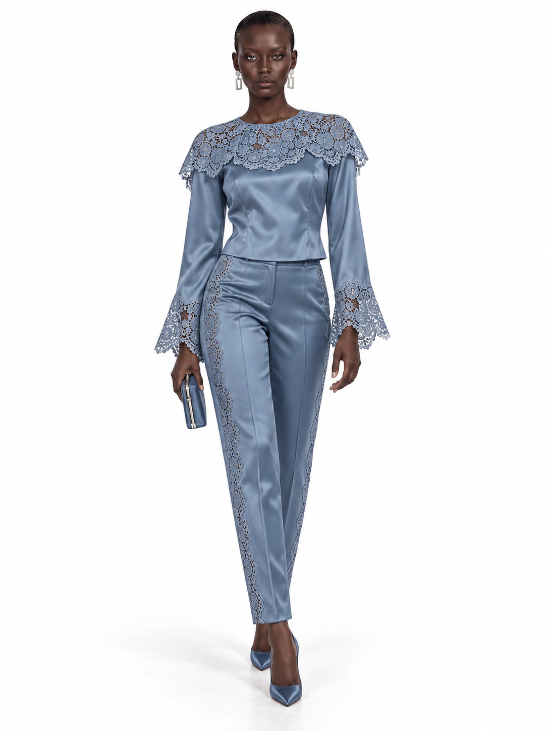 DustyBlue Satin Lace Trim Long Sleeve Top and Pants Set