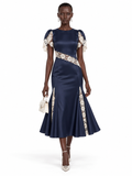 Navy Satin Lace Trim Short Sleeve Midi Dress