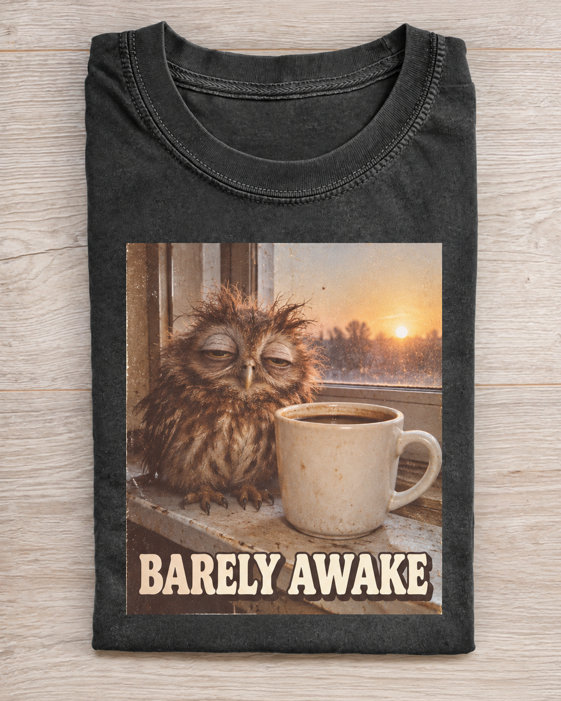 Charcoal Owl Barely Awake Graphic Tee