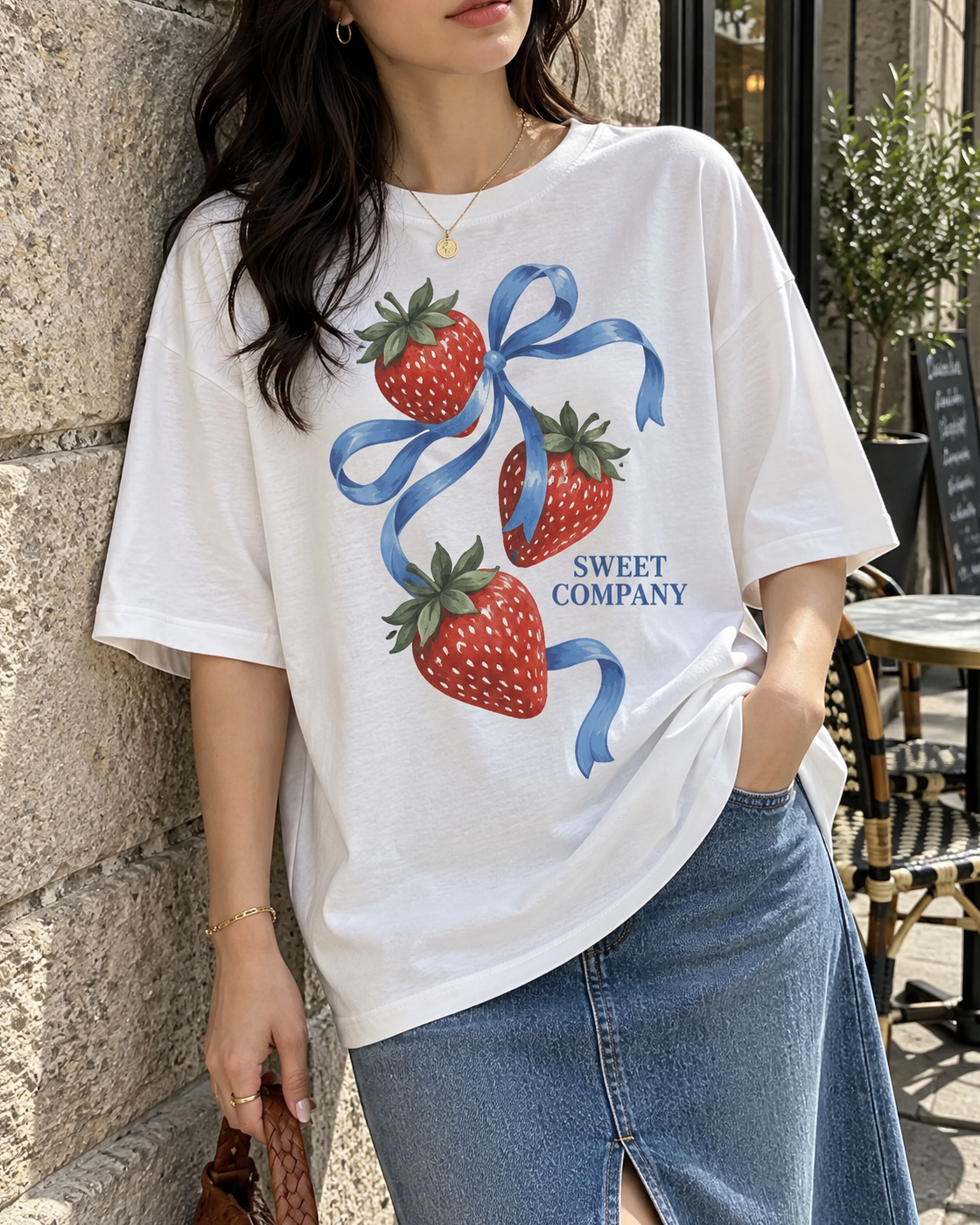White Strawberry Ribbon Graphic Tee