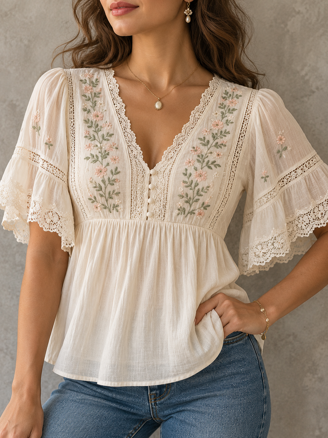 Cream Floral Embroidered V Neck Ruffle Sleeve Blouse