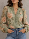 SageGreen Floral Print Lace Trim Long Sleeve Blouse