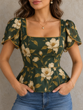 DarkGreen Floral Print Square Neck Peplum Top