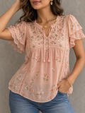 Pink Floral Embroidered Ruffle Sleeve Peasant Blouse