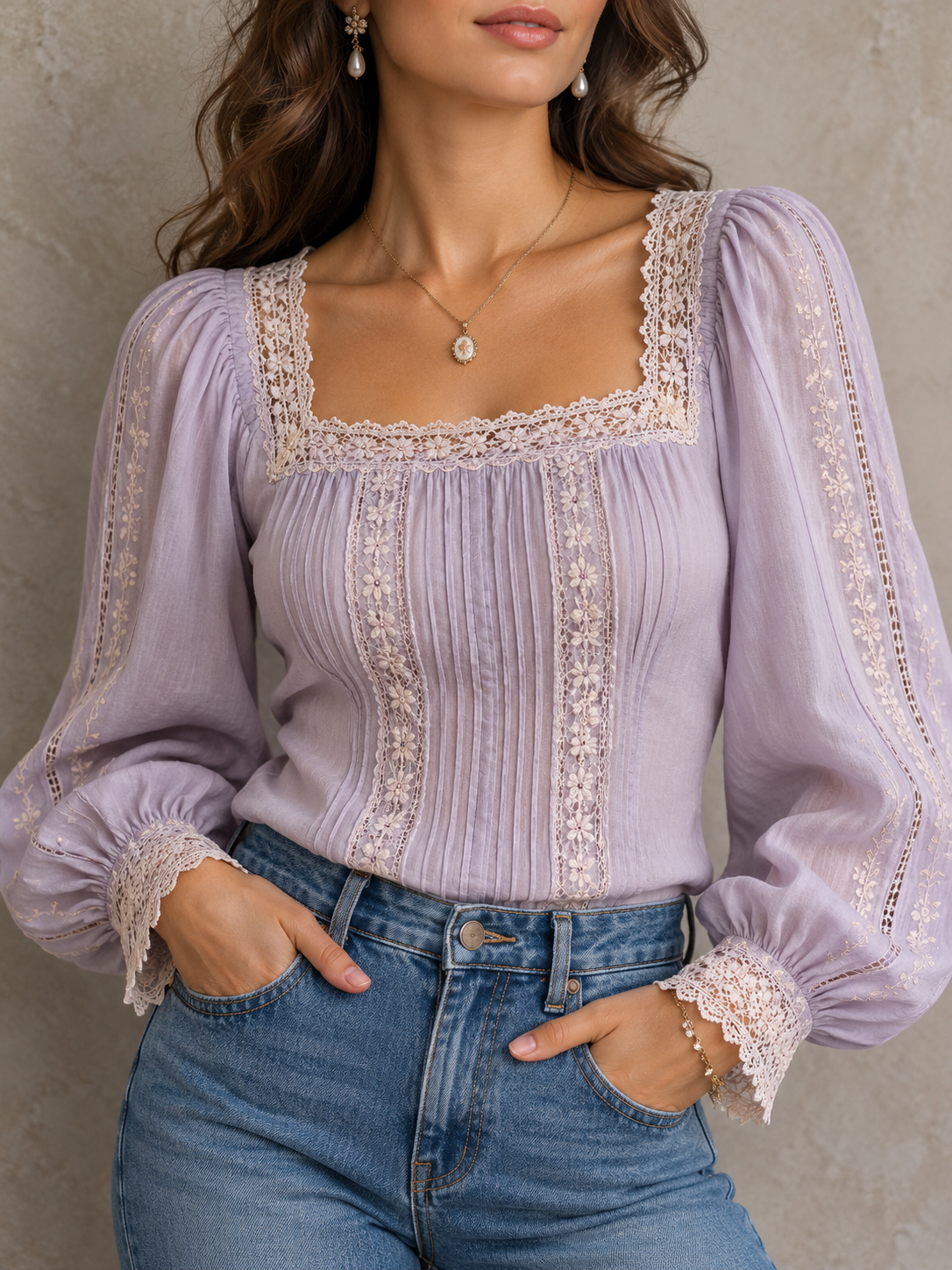 Lilac Lace Trim Square Neck Long Sleeve Blouse