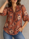 Rust Floral Print Lace Trim V Neck Half Sleeve Blouse