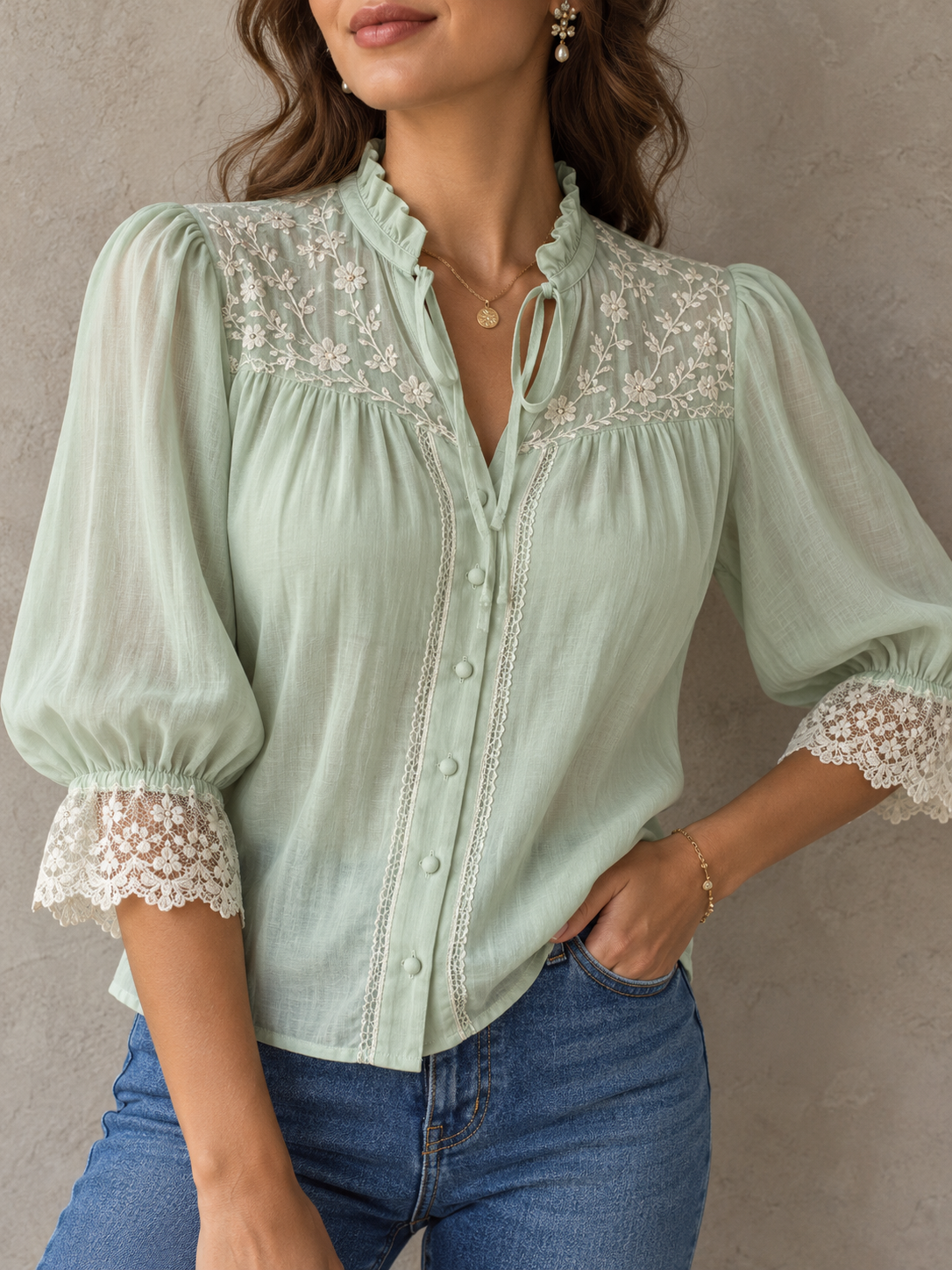 LightGreen Embroidered Lace Trim Long Sleeve Blouse