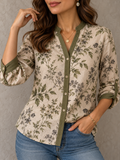 Beige Floral Print Contrast Trim Roll Sleeve Shirt