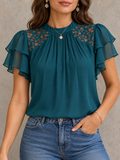 Teal Embroidered Ruffle Sleeve Keyhole Blouse