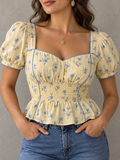 Yellow Blue Floral Print Sweetheart Neck Peplum Top