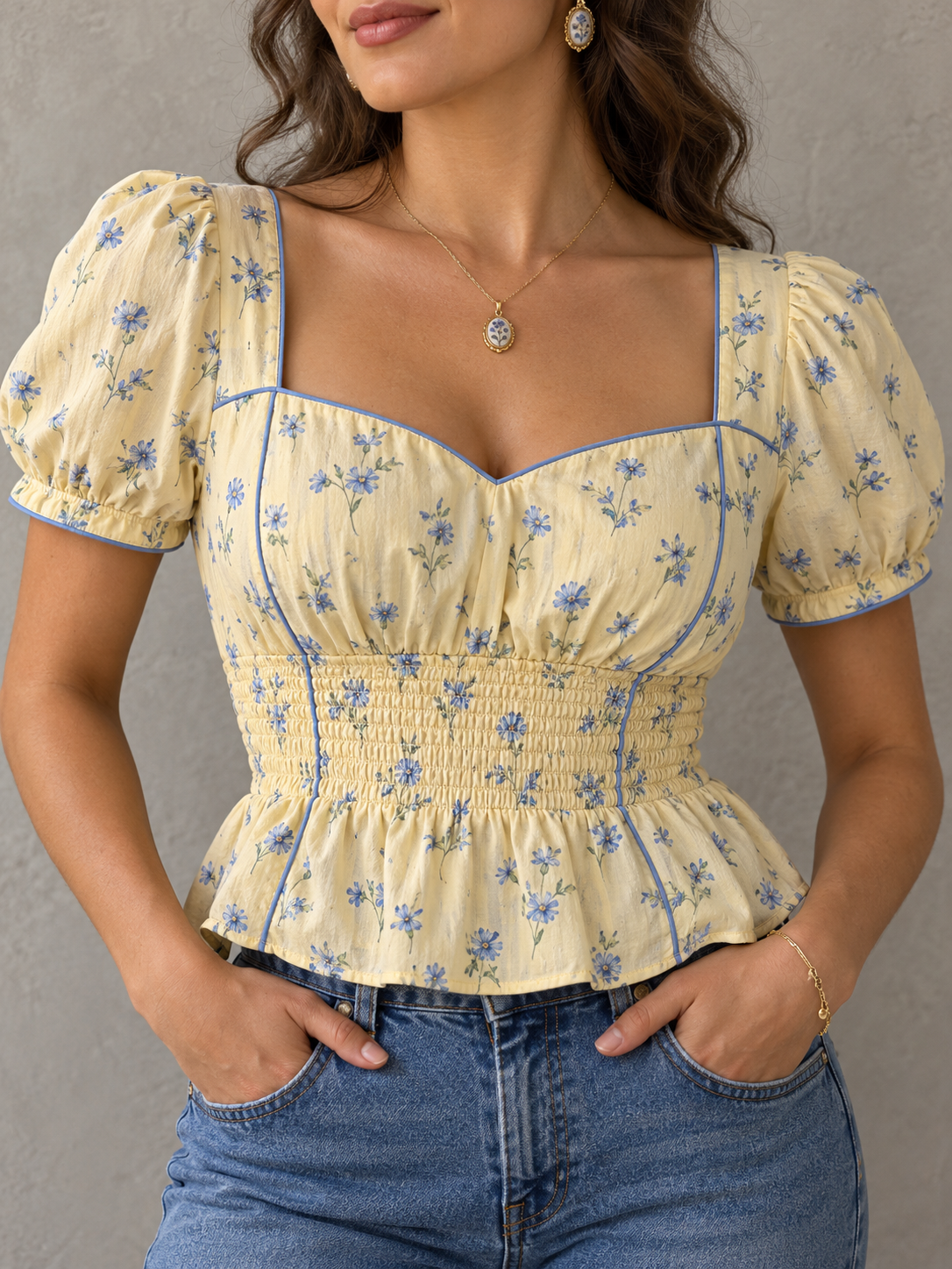 Yellow Blue Floral Print Sweetheart Neck Peplum Top